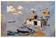 Unfinished needlepoint finished with blue acrylic paint (2022)