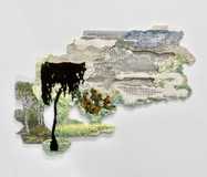 Found needlepoint printed on resin, wire mesh, wool, cut needlepoint canvas